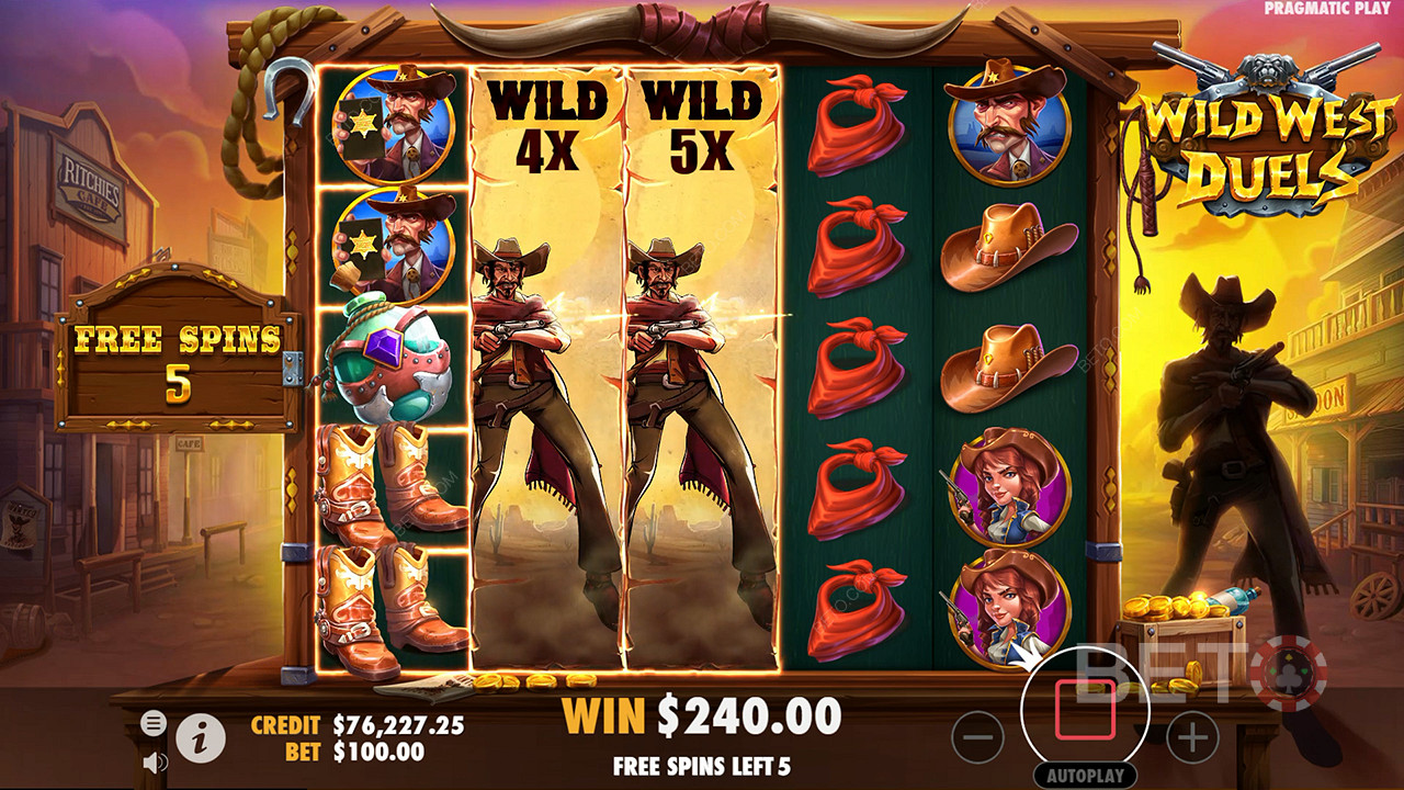Mở rộng Wilds với Hệ số nhân xuất hiện trong Vòng quay miễn phí Duel trong máy đánh bạc Wild West