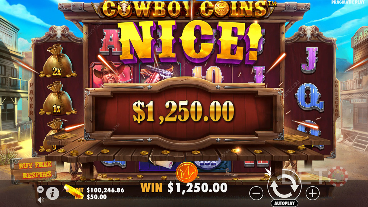 Thắng 30.000 lần tiền cược của bạn trong trò chơi máy đánh bạc video Cowboy Coins!