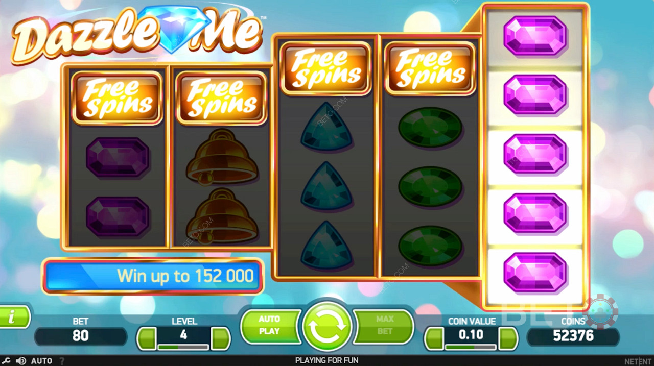 Vòng quay miễn phí được kích hoạt bằng cách hạ cánh nhiều hơn 3 biểu tượng vòng quay miễn phí trong trò chơi Dazzle Me Slot
