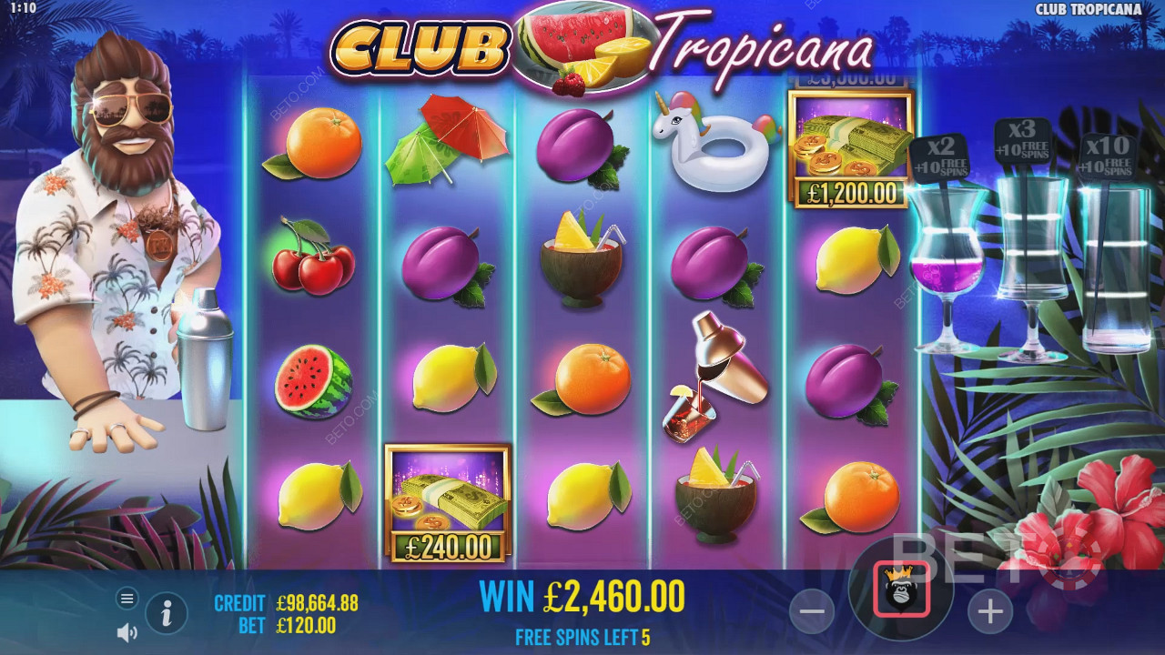 Có cơ hội thu thập các biểu tượng Tiền trong Vòng quay miễn phí trong slot Club Tropicana
