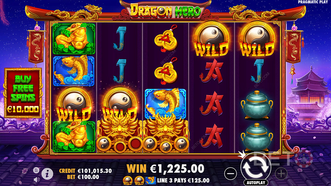 Thưởng thức một số biểu tượng Super Wild và biểu tượng Wild thông thường trong trò chơi slot trực tuyến Dragon Hero