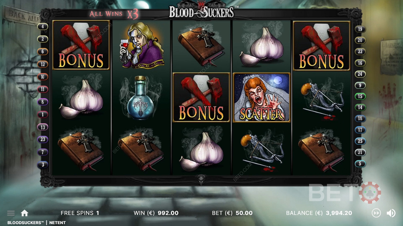 3 biểu tượng tiền thưởng ở đúng vị trí sẽ kích hoạt Trò chơi Tiền thưởng trong slot Kẻ hút máu