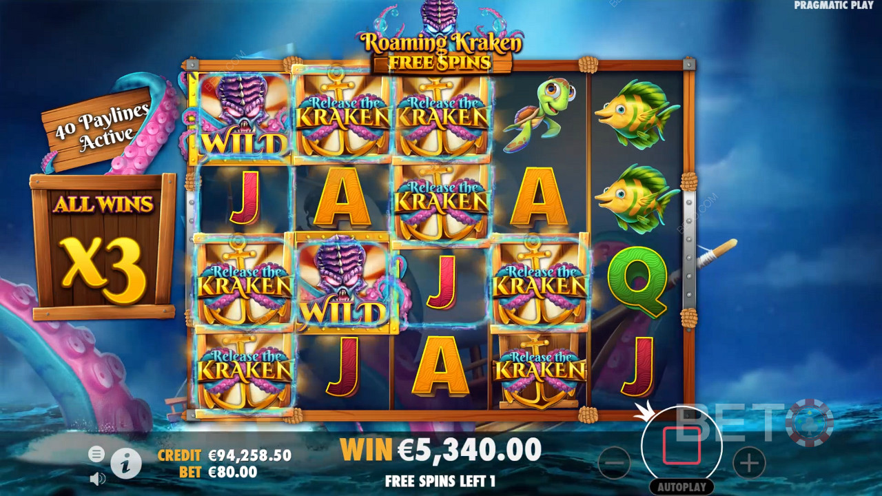 Các biểu tượng Sticky Wild giúp bạn dễ dàng giành chiến thắng trong Vòng quay miễn phí khi phát hành slot Kraken
