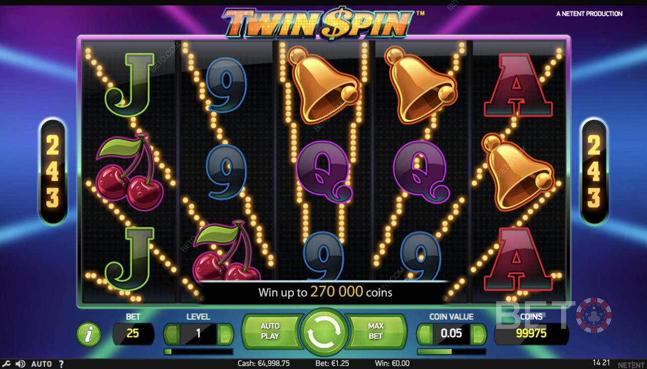 Twin Spin - Lối chơi đơn giản với các biểu tượng như chuông, quả anh đào và các biểu tượng khác