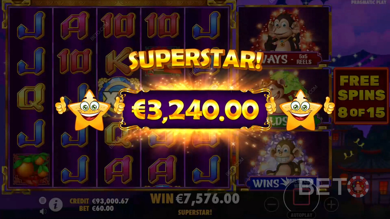 Kiếm được 12.077 lần tiền cược của bạn trong trò chơi slot trực tuyến 3 Dancing Monkeys!