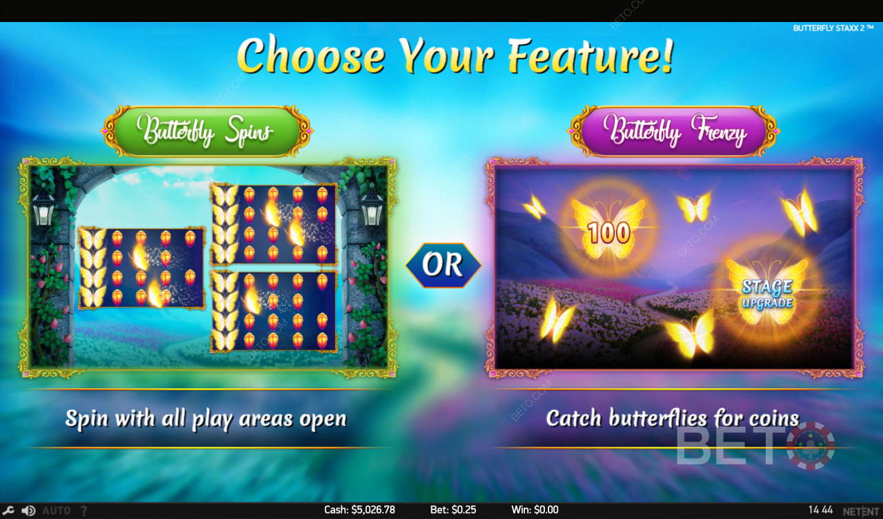 Chọn giữa hai trò chơi tính năng tuyệt vời - chế độ quay hoặc bắt bướm