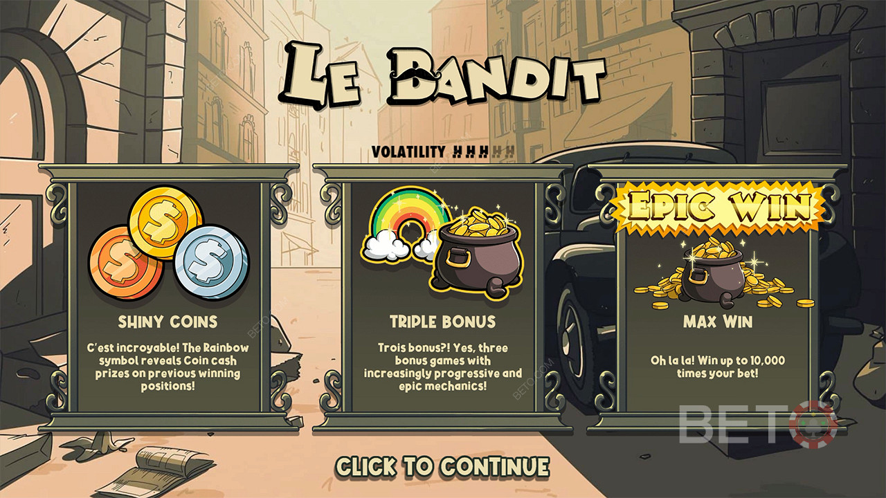 Ba phần thưởng và giải thưởng tiền mặt sẽ giúp bạn giành được gấp 10.000 lần số tiền đặt cược của mình trong trò chơi Le Bandit