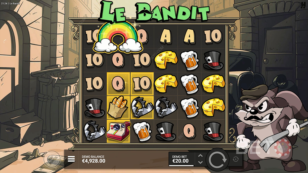 Biểu tượng Cầu vồng kích hoạt tất cả các ô vuông vàng trong máy đánh bạc Le Bandit