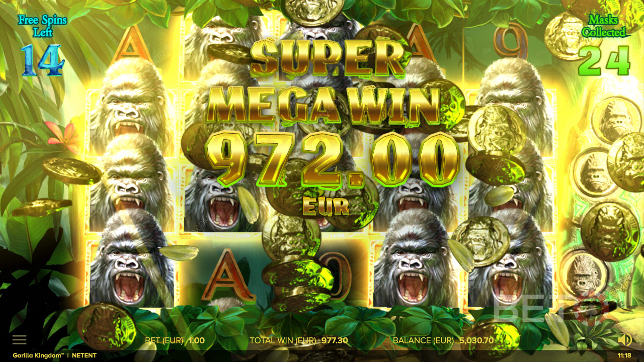 Giành được Super Mega Win trong máy đánh bạc trực tuyến Gorilla Kingdom