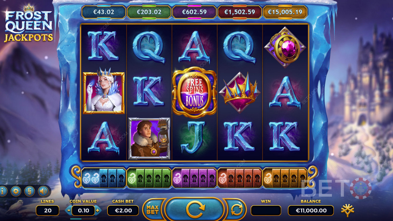 Khe giải đặc biệt Frost Queen Jackpots với nhiều tính năng tiền thưởng và 5 giải đặc biệt!