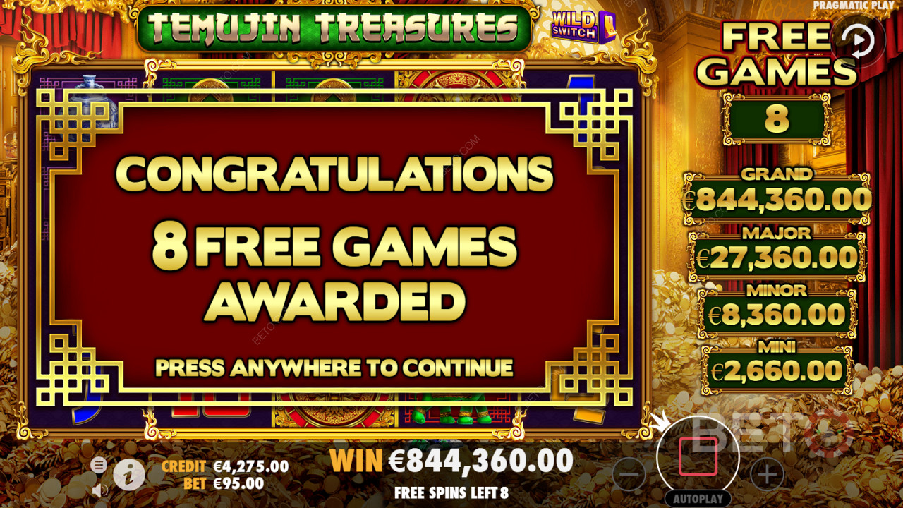 Các tính năng tiền thưởng như Bánh xe may mắn có thể giúp bạn giành được các vòng quay miễn phí trong Temujin Treasures