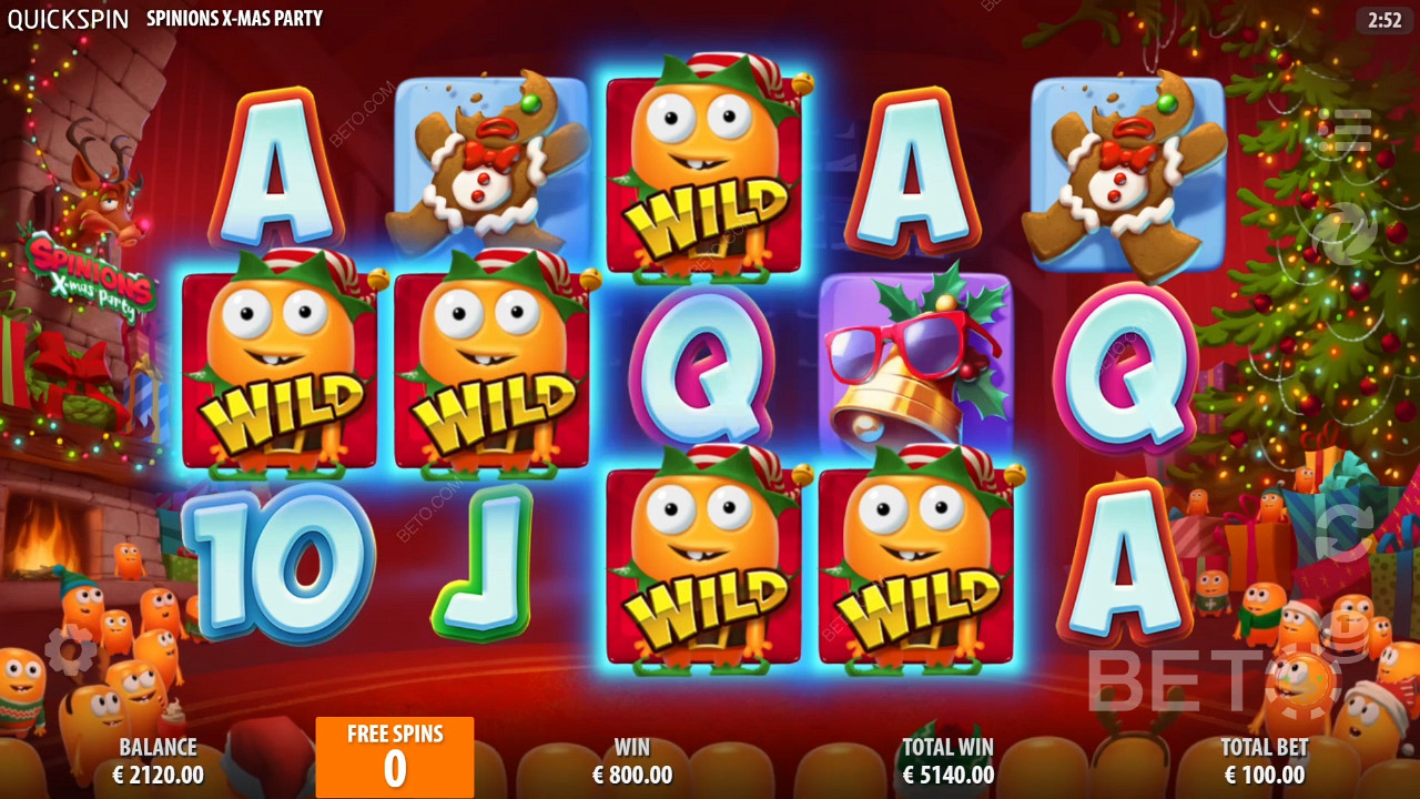 Các biểu tượng Sticky Wilds và những chiến thắng lớn luôn song hành với nhau trong trò chơi slot trực tuyến Spinions Xmas Party