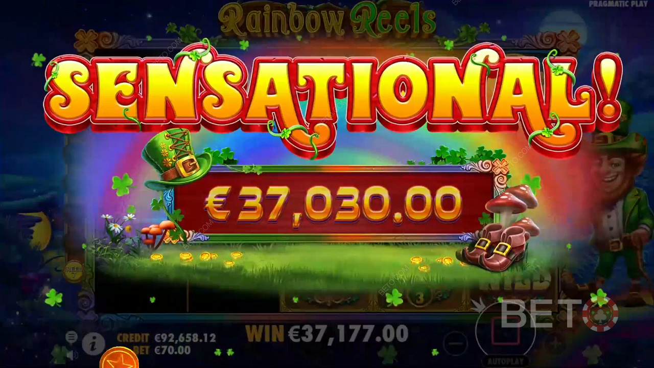 Kiếm được gấp 5.000 lần số tiền đặt cược của bạn trong trò chơi trực tuyến Rainbow Reels!