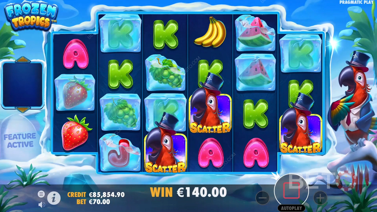 3 biểu tượng Scatter là đủ để kích hoạt Vòng quay miễn phí trong trò chơi slot trực tuyến Frozen Tropics