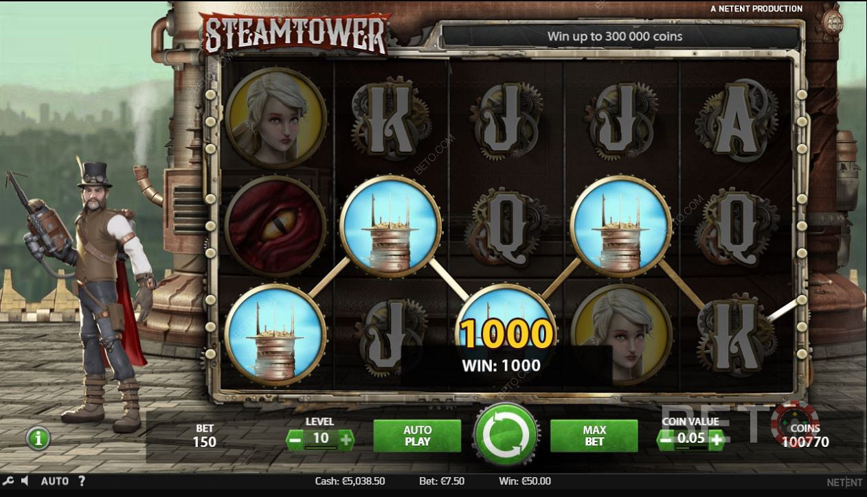 Ghép các biểu tượng trong trò chơi xèng Steam Tower