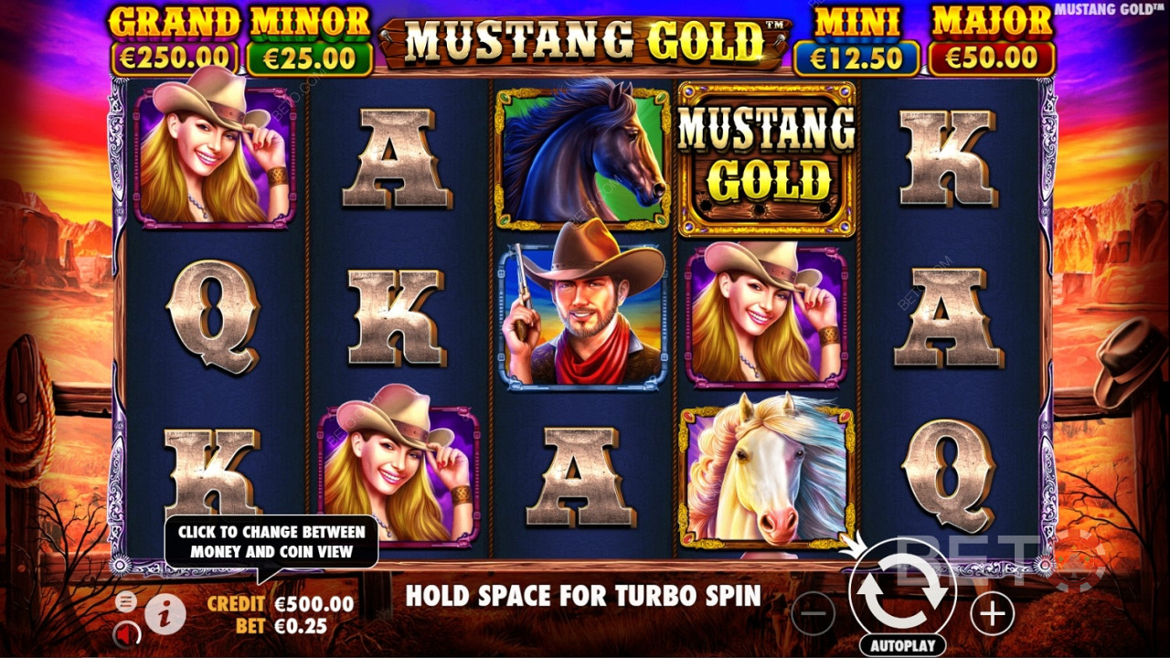 Biểu tượng Wild là biểu trưng của trò chơi trong Máy xèng trực tuyến Mustang Gold