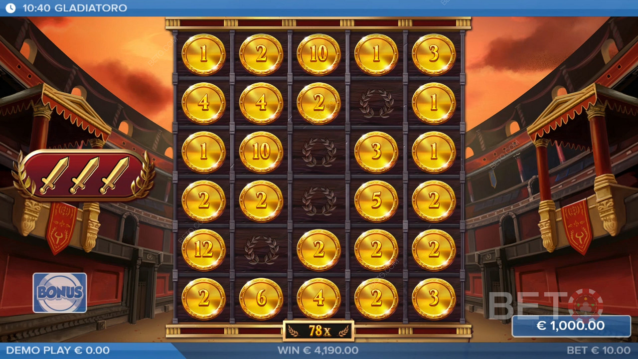 Kiếm được 10.000 lần số tiền đặt cược của bạn trong Slot Gladiatoro!