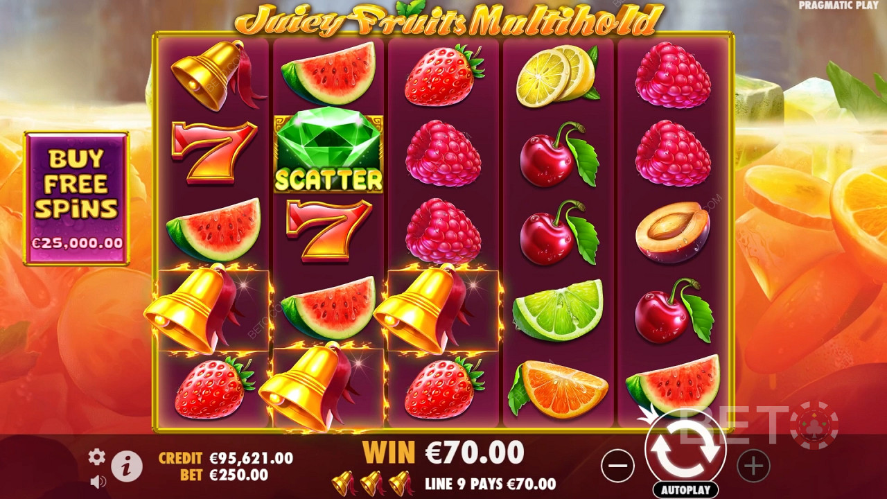 Kiếm được gấp 8.000 lần số tiền đặt cược của bạn trong trò chơi Slot trực tuyến Juicy Fruits Multihold!