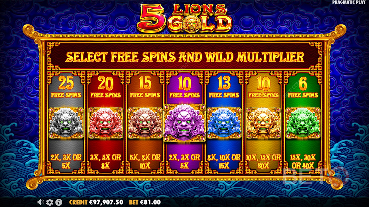 Các tính năng thưởng được giải thích trong 5 Lions Gold của Pragmatic Play