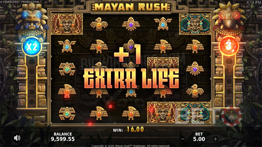 Các tính năng tiền thưởng Mayan Rush bao gồm Vòng quay miễn phí, hệ số nhân và tính năng đánh bạc