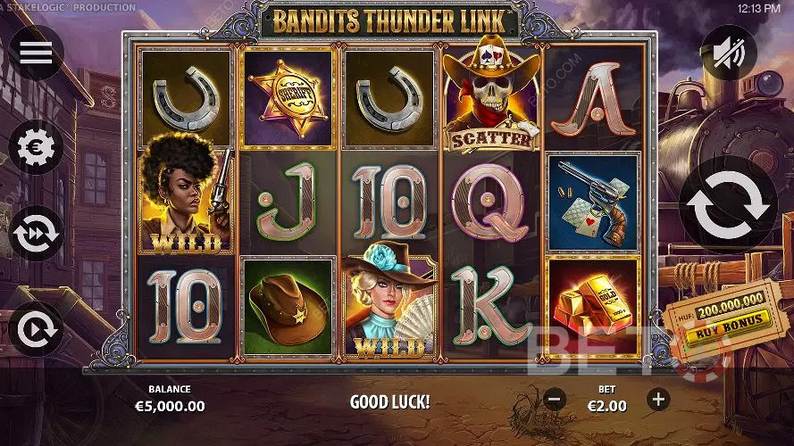 Bạn chơi trong máy đánh bạc theo chủ đề phương Tây này trong máy đánh bạc Bandits Thunder Link
