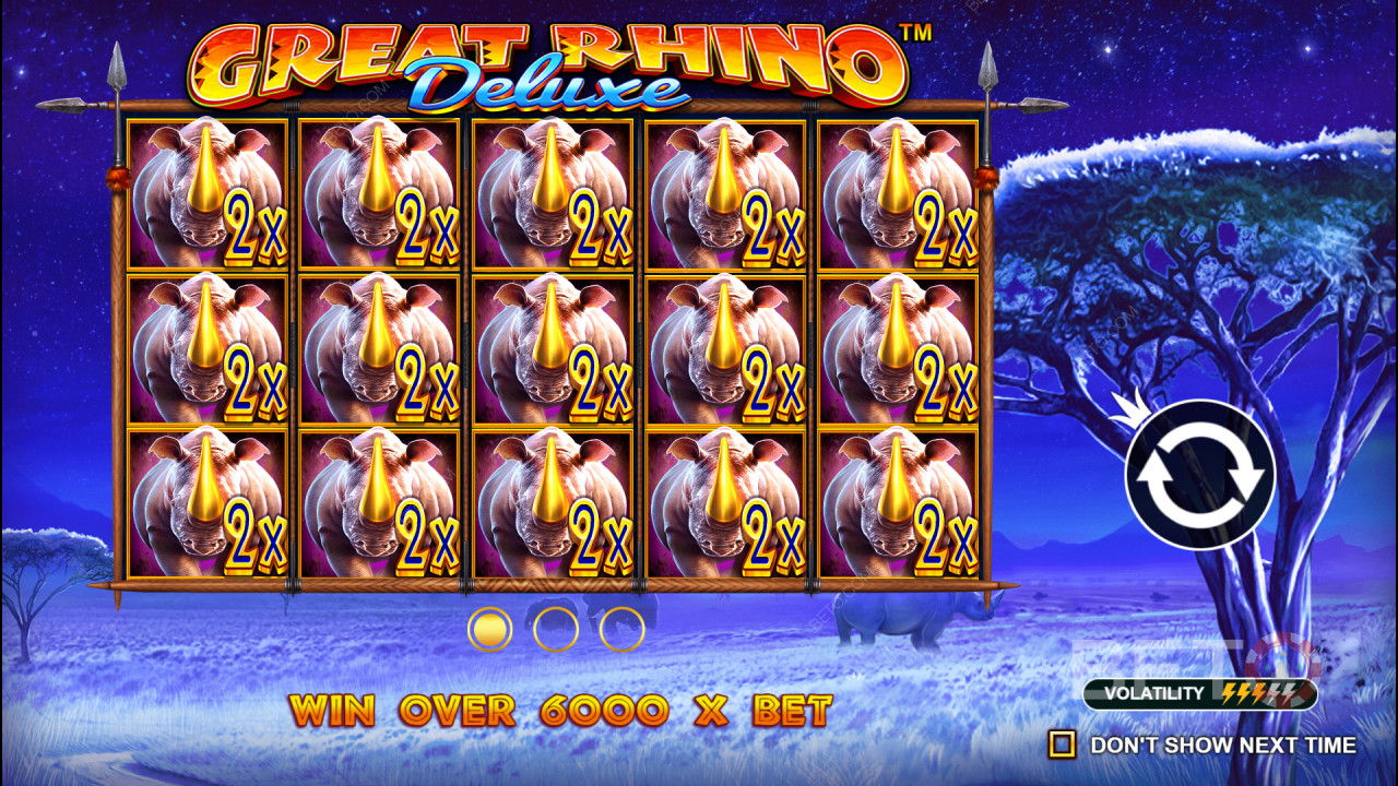 Thắng 6.242 lần tiền cược của bạn trong trò chơi Great Rhino Deluxe Slot!