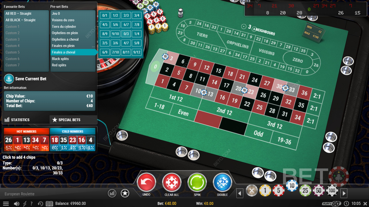 Tùy chọn Cược Đặc biệt trong Trò chơi Casino European Roulette Pro