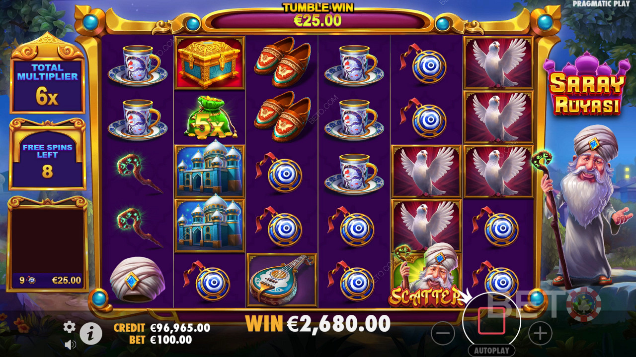 Kiếm được gấp 5.000 lần đặt cược của bạn trong trò chơi Slot trực tuyến Saray Ruyasi!