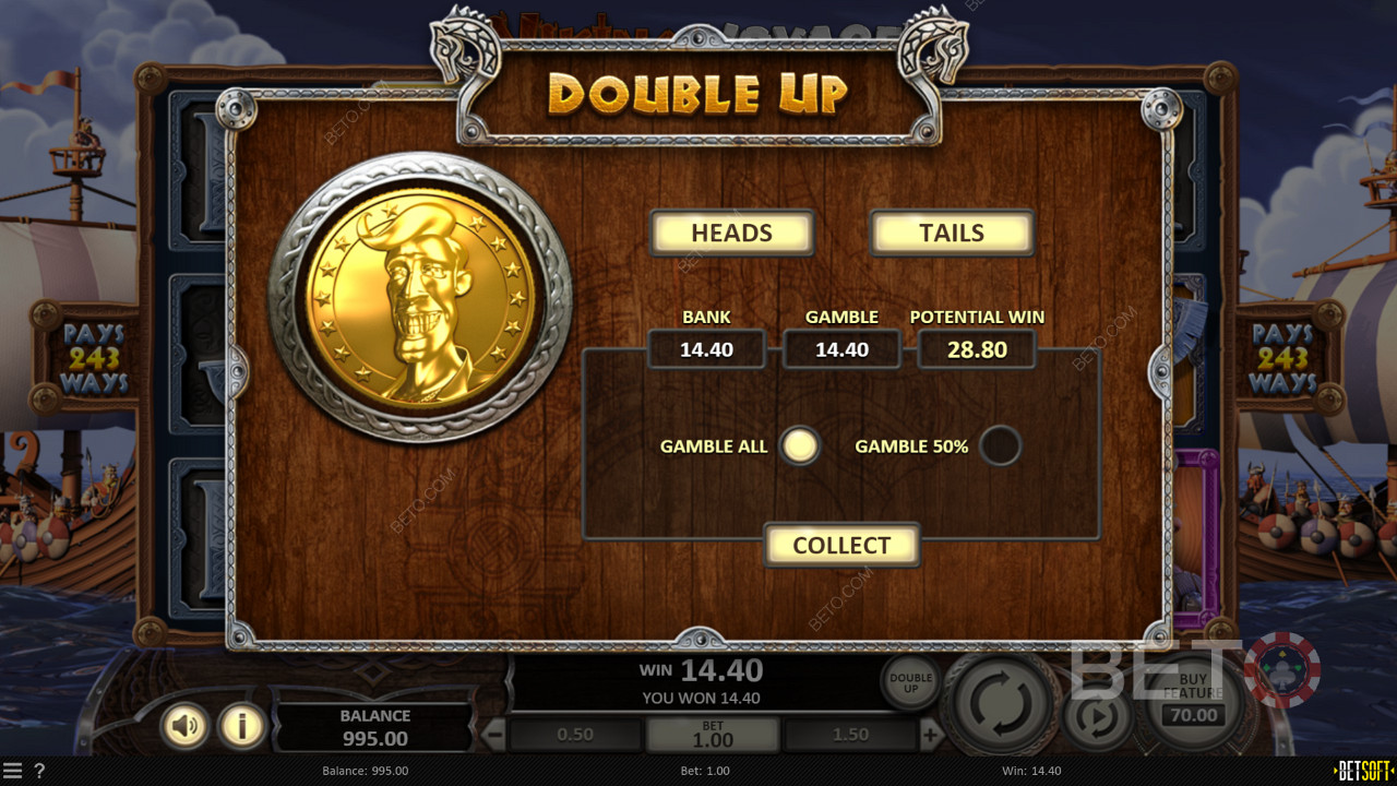 Hãy thử tính năng Double Up để nhân đôi chiến thắng của bạn trong máy đánh bạc Viking Voyage