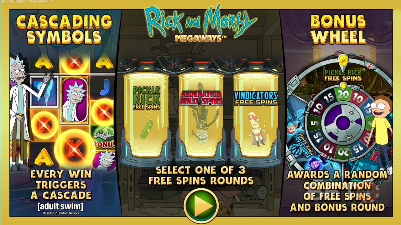 Tận hưởng ba loại Vòng quay miễn phí khác nhau trong máy đánh bạc Rick and Morty Megaways