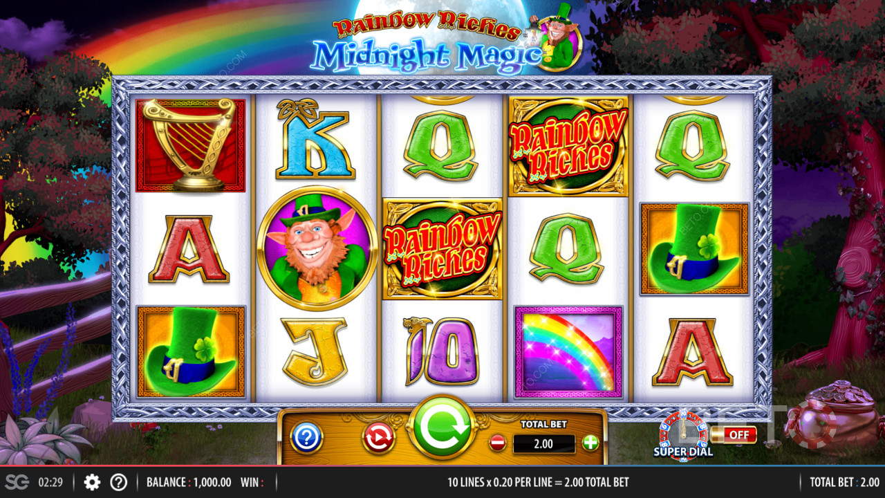Lưới chơi game 5x3 trong Rainbow Riches Midnight Magic