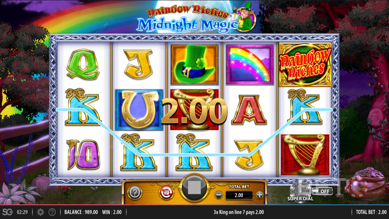 10 hàng thanh toán đang hoạt động khác nhau trong máy đánh bạc Rainbow Riches Midnight Magic