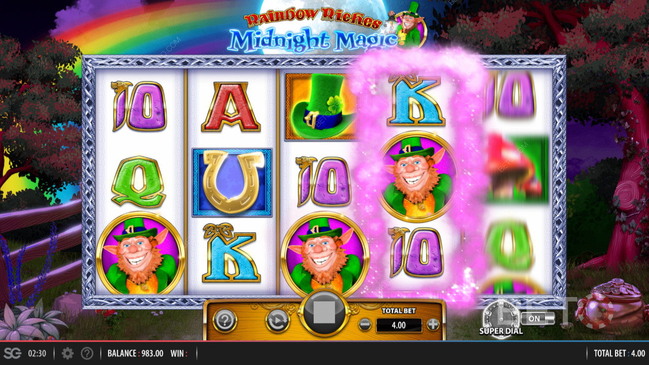 Rainbow Riches Midnight Magic từ Barcrest có các tính năng bao gồm một phần thưởng Super Dial