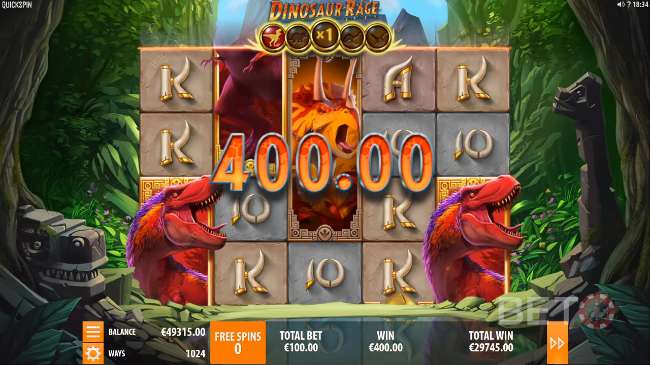 Đạt được chiến thắng trị giá 400 xu trong Máy đánh bạc Dinosaur Rage