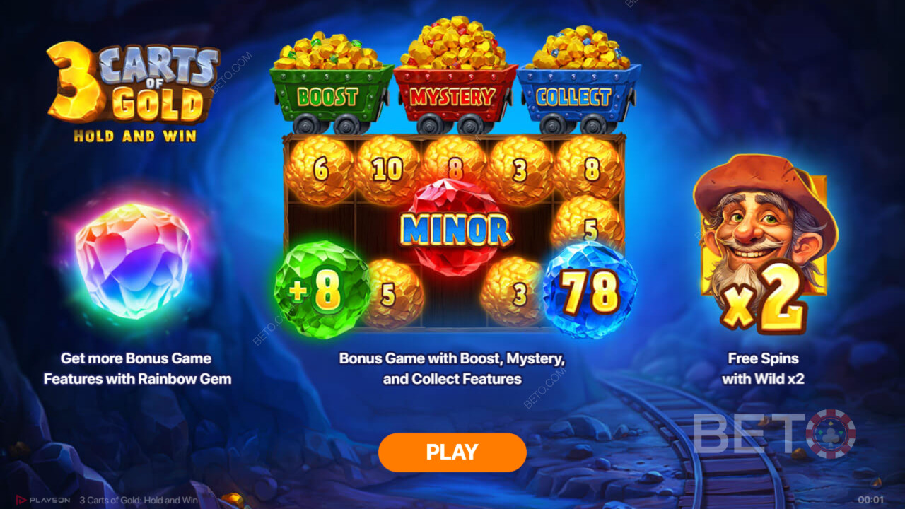 Các tính năng thưởng được giải thích trong 3 Carts of Gold: Hold and Win của Playson