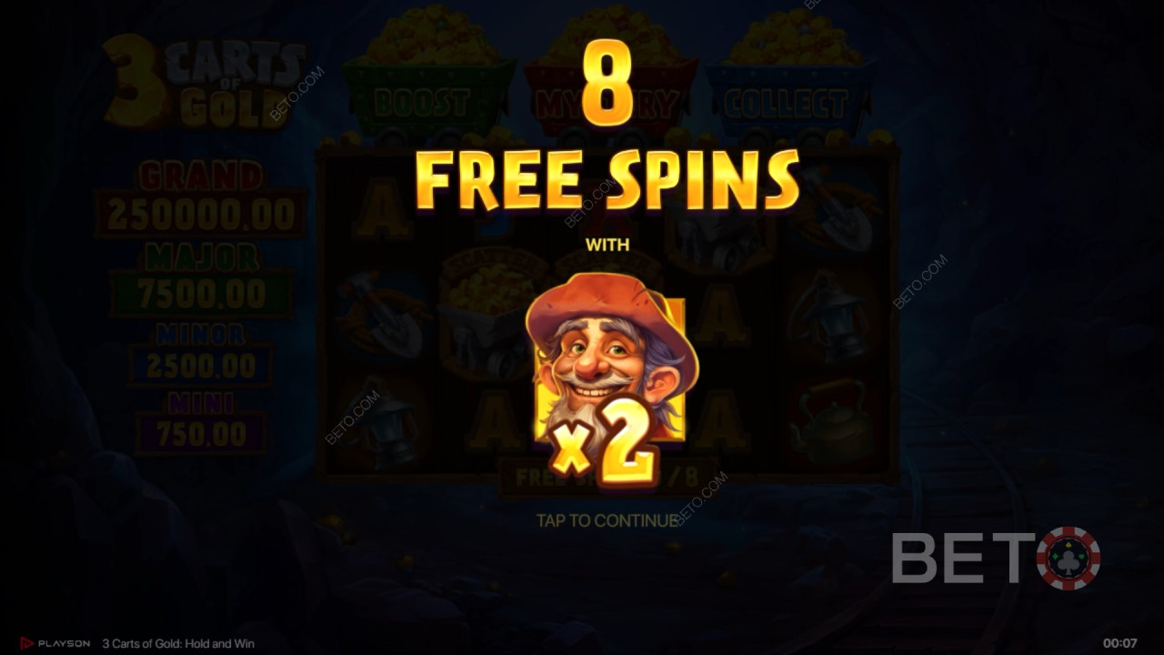 Thắng 5.000 lần tiền cược của bạn trong trò chơi 3 Carts of Gold: Hold and Win!