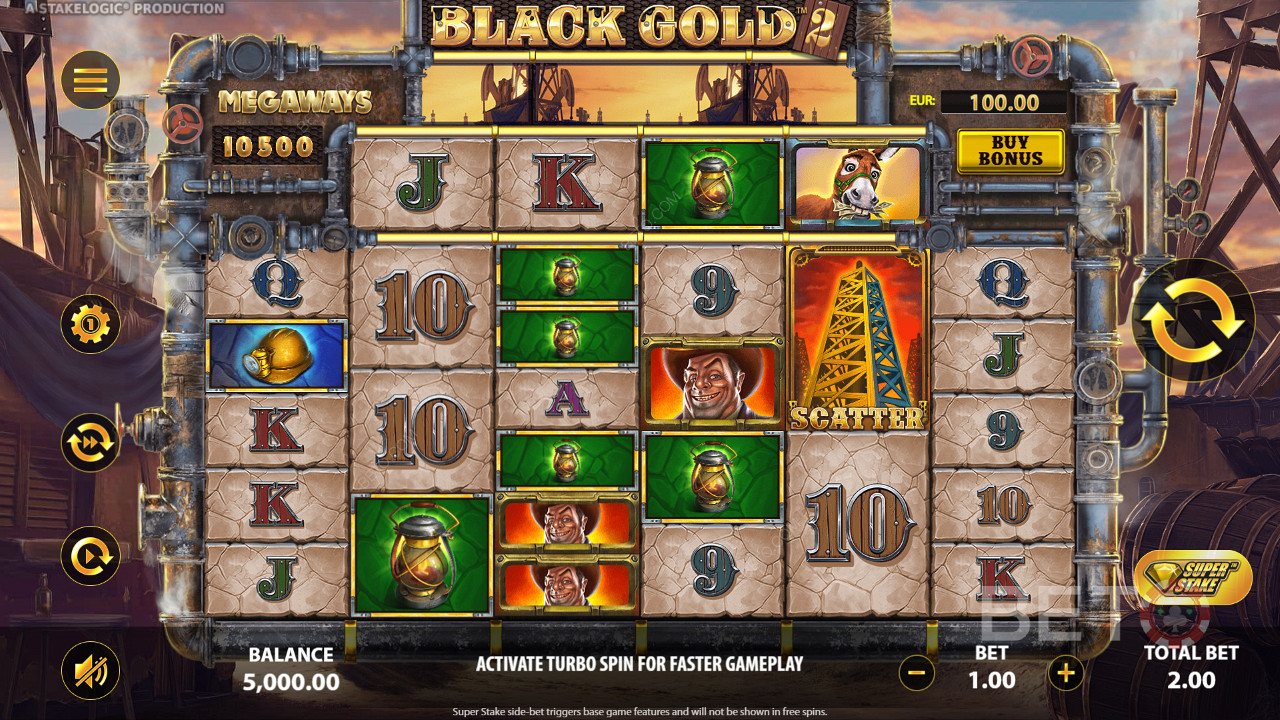 Đạt được 3 biểu tượng giống nhau trở lên để giành chiến thắng tại trò chơi xèng trực tuyến Black Gold 2 Megaways