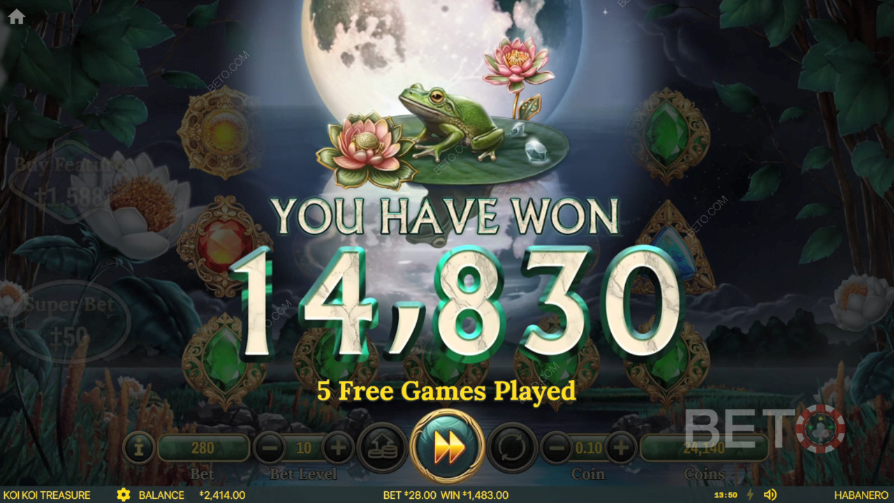 Thắng 1.682 lần tiền cược của bạn trong trò chơi Koi Koi Treasure Slot trực tuyến!