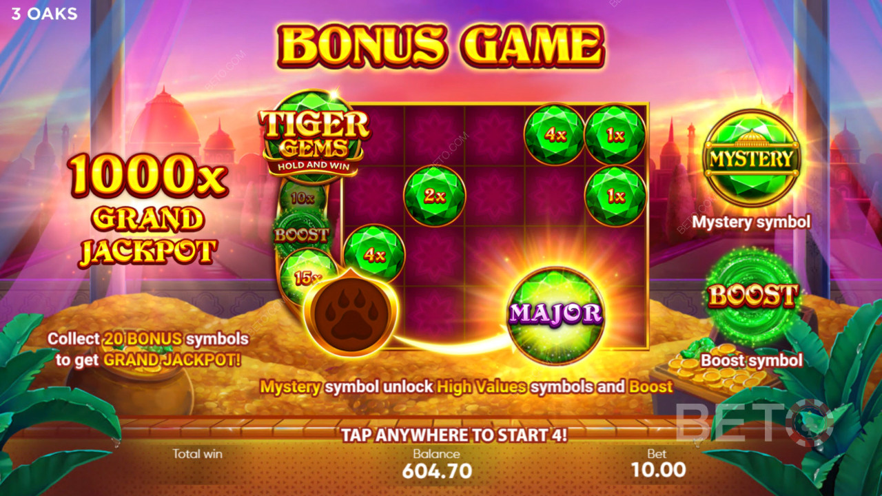 Giải thích về các tính năng thưởng trong Tiger Gems của 3 Oaks Gaming