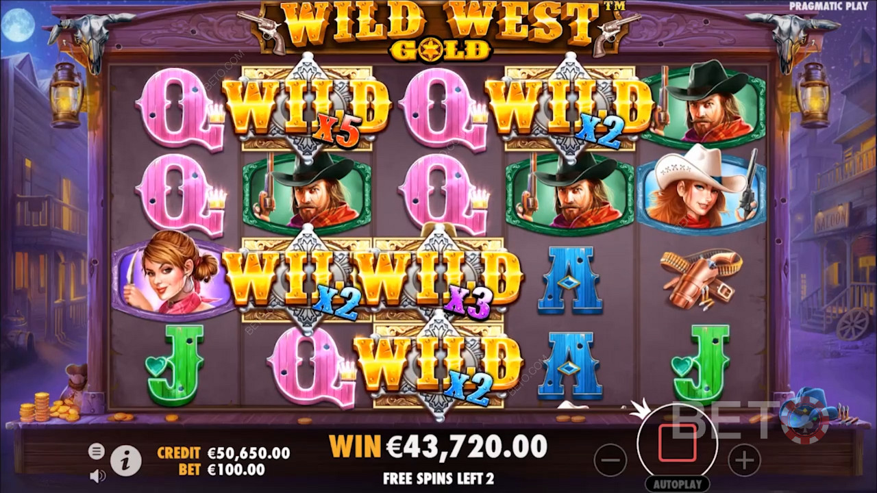 Các biểu tượng đầy màu sắc trong trò chơi Wild West Gold của Pragmatic Play