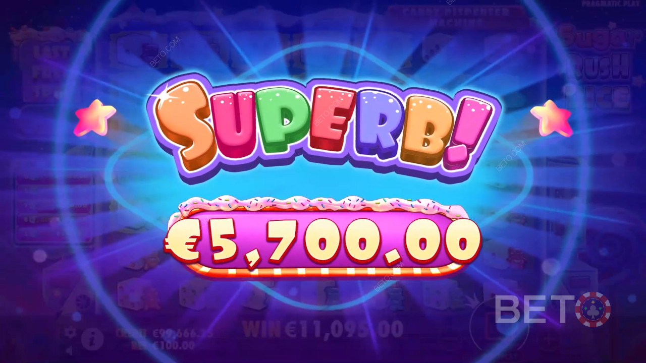 Thắng 5.000 lần tiền cược của bạn trong trò chơi xèng Sugar Rush Dice!