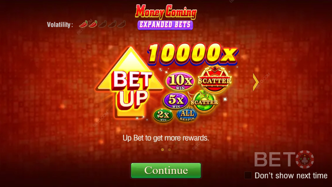 Thắng 10.000 lần tiền cược của bạn trong trò chơi đánh bạc trực tuyến Money Coming Expanded Bets!