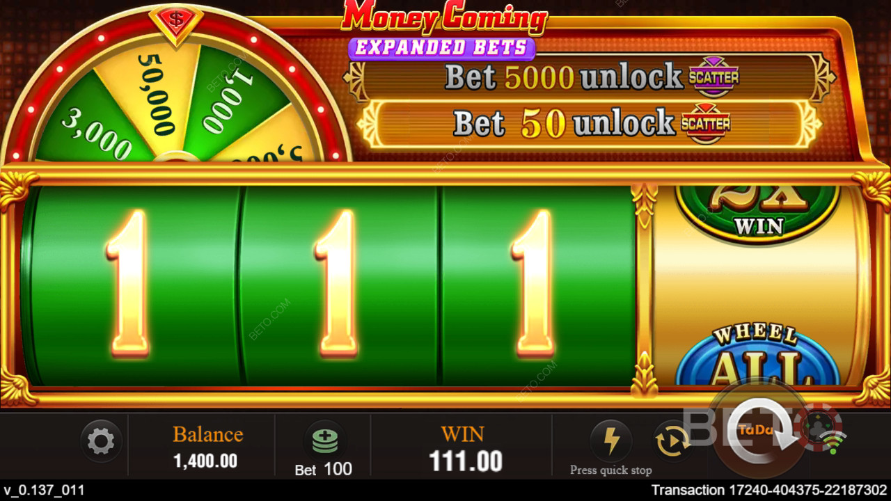 Giải thích về các tính năng thưởng trong Money Coming Expanded Bets của TaDa Gaming