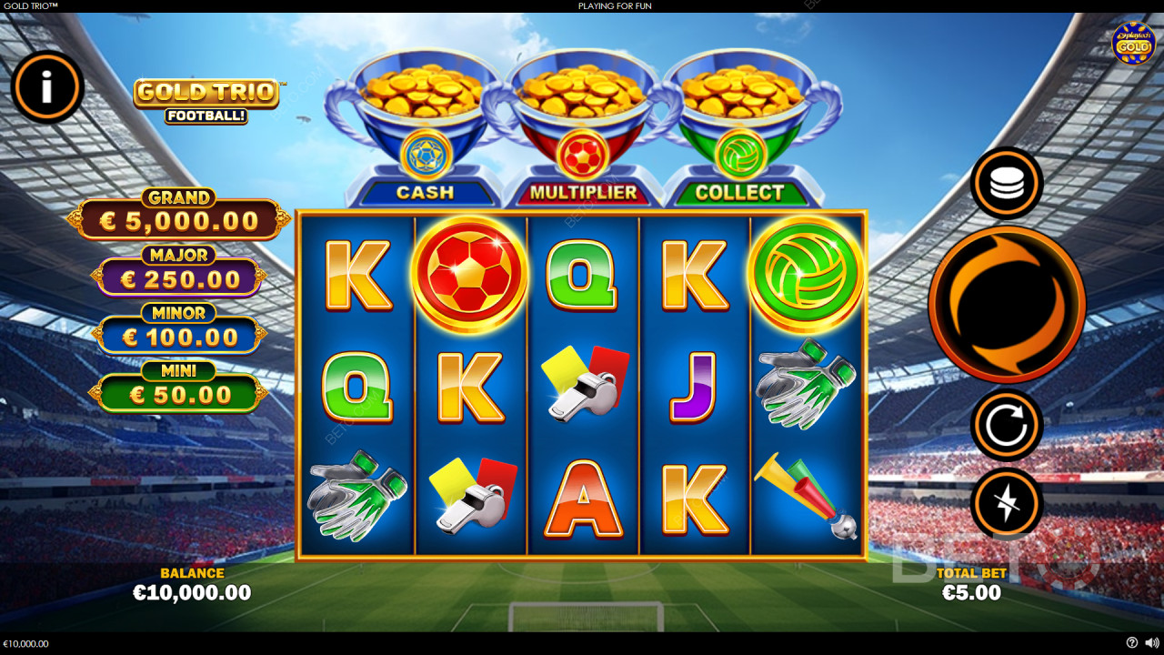 Thắng 1.000 lần tiền cược của bạn trong trò chơi Gold Trio: Bóng đá! Video Slot!