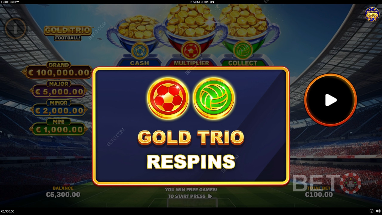 Giải thích về các tính năng thưởng trong Gold Trio: Football! của Playtech