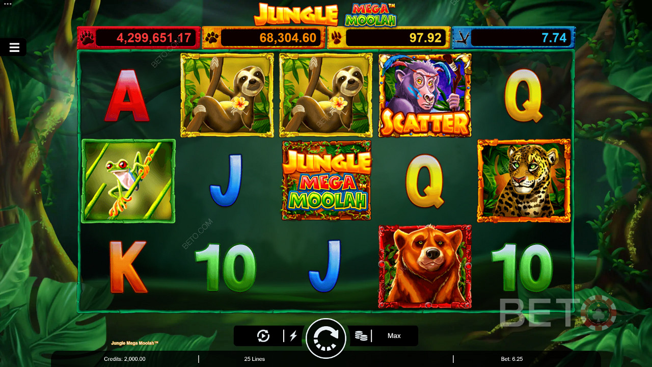 Tận hưởng Multiplier Wilds, Free Spins và bốn Giải đặc biệt lũy tiến trong khe cắm Jungle Mega Moolah