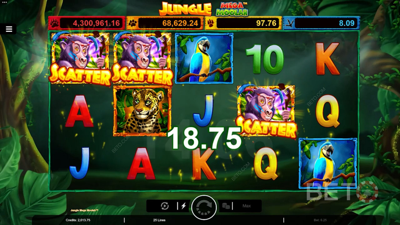 Land 3 Monkey Scatter để kích hoạt Vòng quay miễn phí trong trò chơi xèng trực tuyến Jungle Mega Moolah