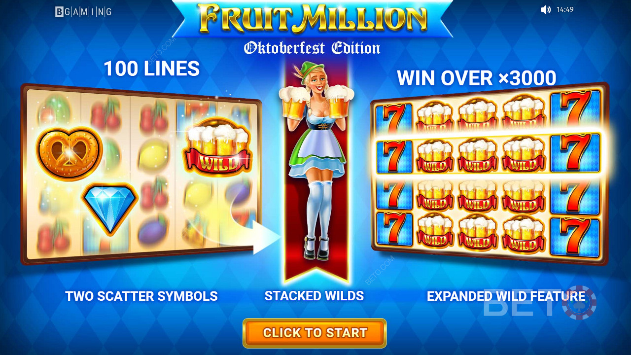 Chơi hơn một khe 100 dòng và giành được số tiền gấp 3000 lần tiền cược của bạn trong Fruit Million