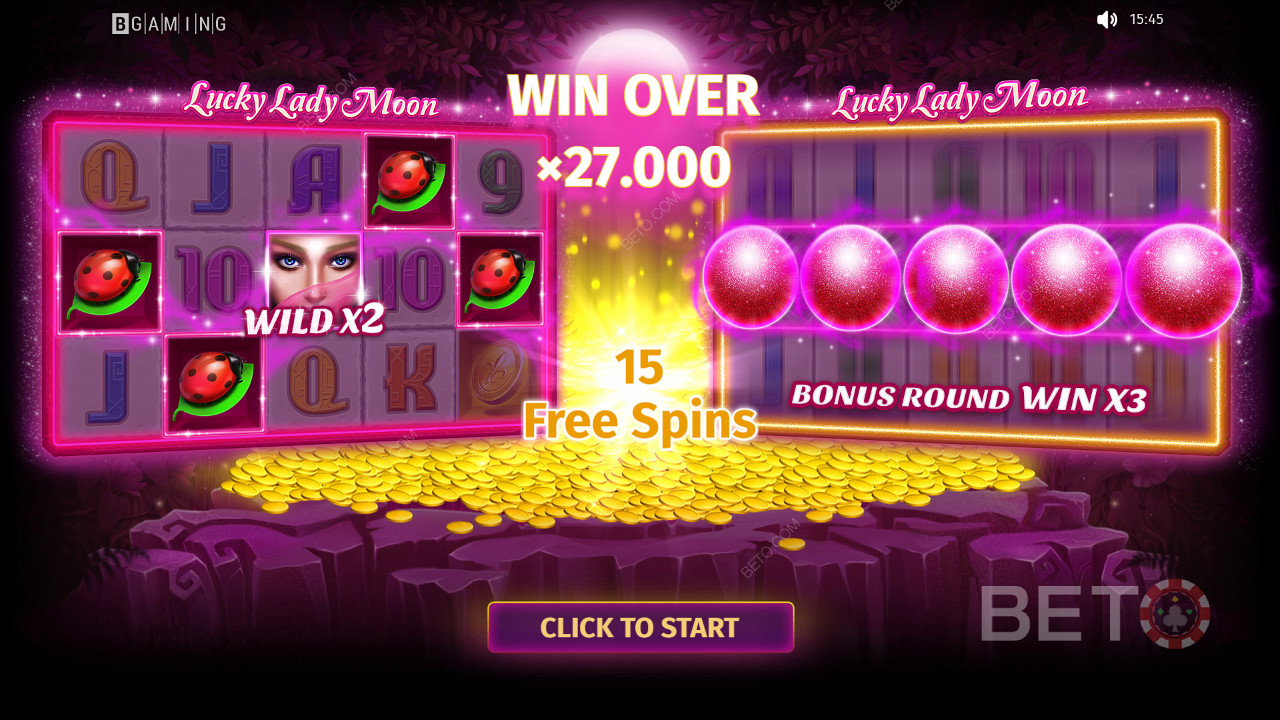 Tiếp tục chơi để giành giải thưởng, trị giá lên đến 27.000 lần tiền đặt cược trong khe Lucky Lady Moon