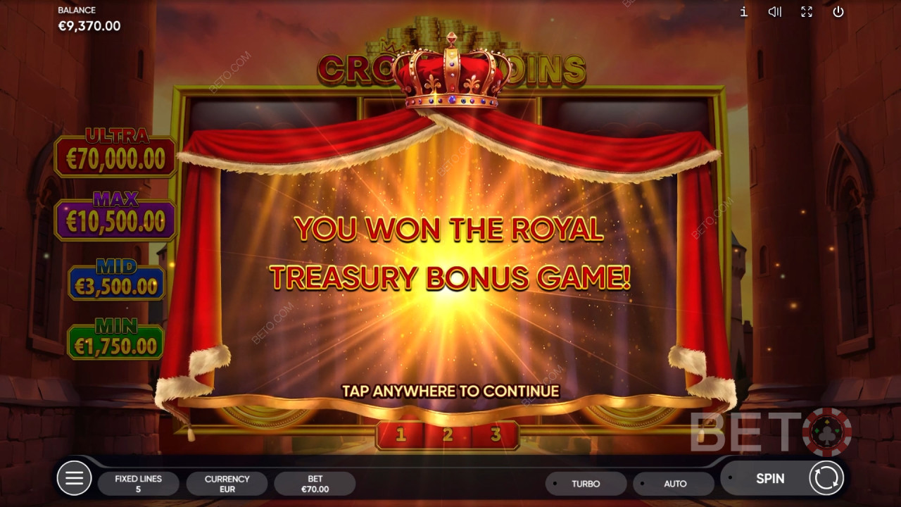 Giành chiến thắng gấp 2.500 lần tiền cược của bạn trong trò chơi slot trực tuyến Crown Coins!